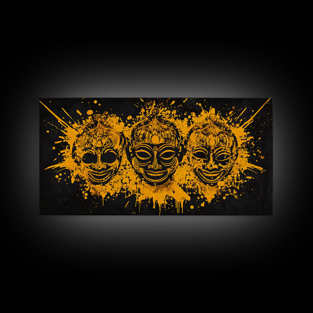Ancient Warrior Mask Gold Canvas Art, Tribal Splatter Canvas Print, Real Wood Frame Wall Décor, Bold Dramatic Statement Art