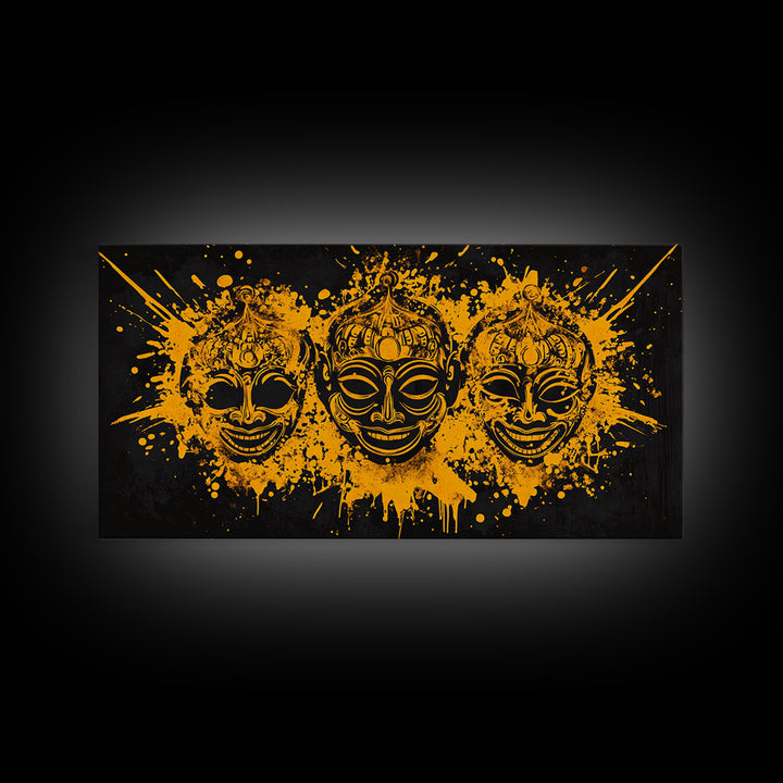 Ancient Warrior Mask Gold Canvas Art, Tribal Splatter Canvas Print, Real Wood Frame Wall Décor, Bold Dramatic Statement Art