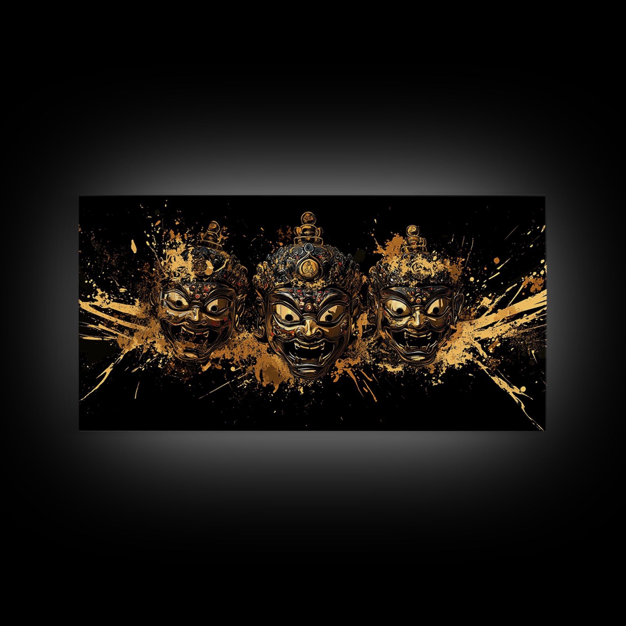 Theatrical Mask Gold Canvas Print, Gothic Splatter Art On Canvas, Real Wood Frame Wall Décor, Dark Drama Statement Art