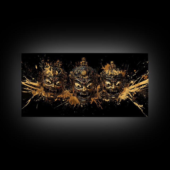 Theatrical Mask Gold Canvas Print, Gothic Splatter Art On Canvas, Real Wood Frame Wall Décor, Dark Drama Statement Art