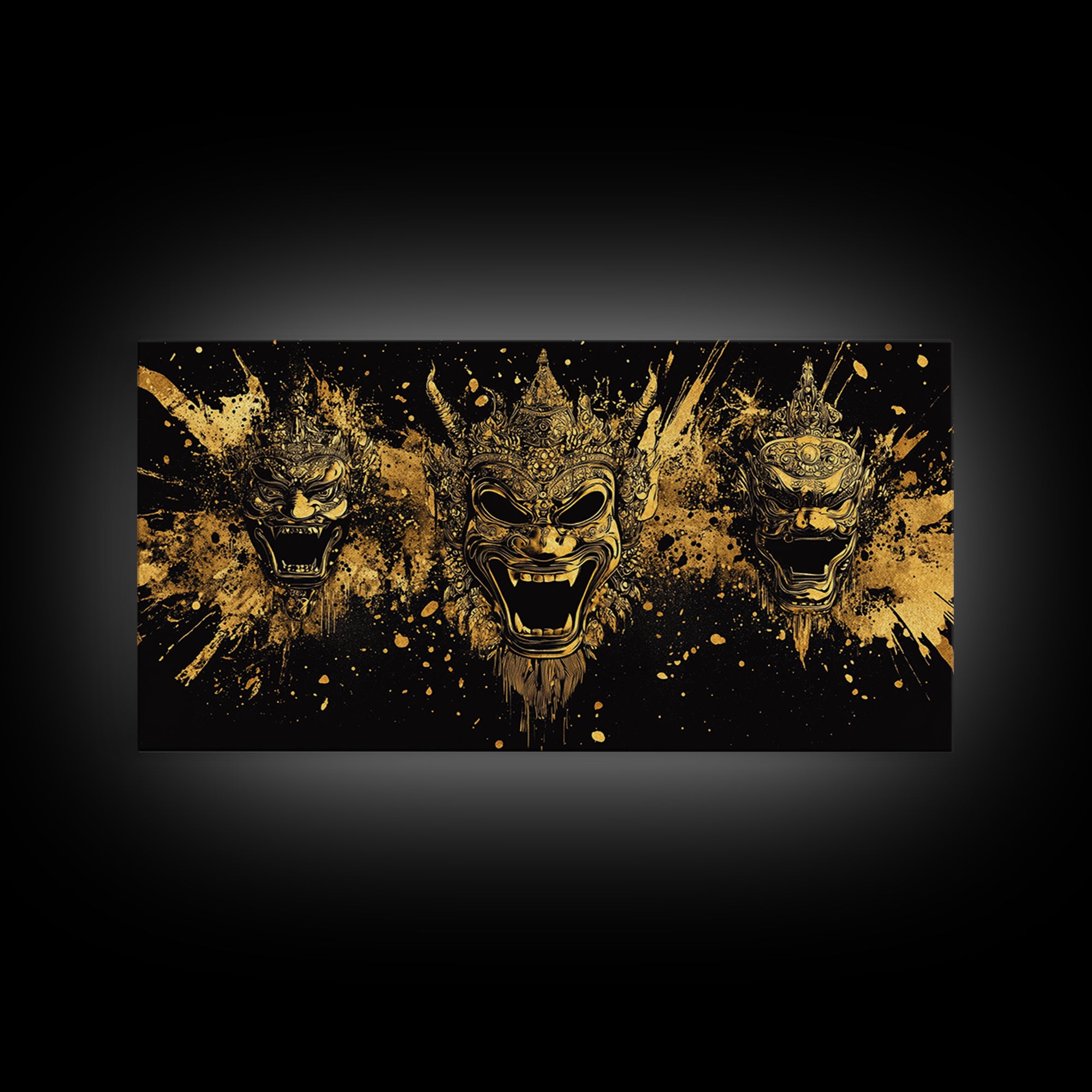 Royal Mask Gold Canvas Art, Splatter Canvas Print With Ornate Details, Real Wood Frame Wall Décor, Dramatic Theater Artwork