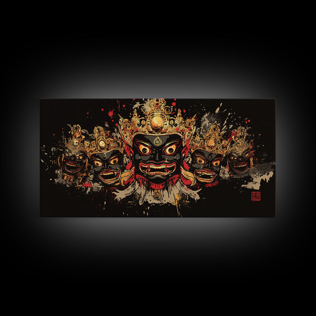 African Tribal Mask Gold Canvas Art, Ethnic Splatter Canvas Print, Real Wood Frame Wall Décor, Cultural Bold Statement Artwork