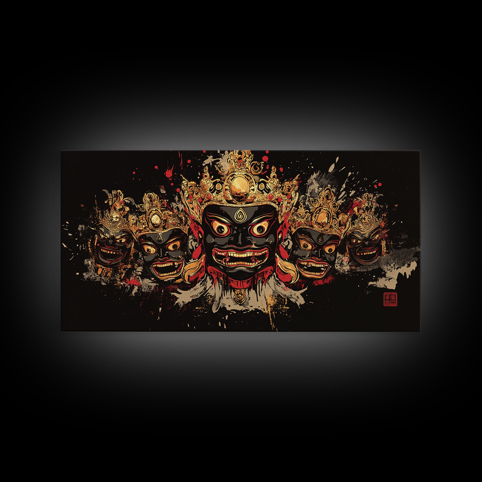 African Tribal Mask Gold Canvas Art, Ethnic Splatter Canvas Print, Real Wood Frame Wall Décor, Cultural Bold Statement Artwork