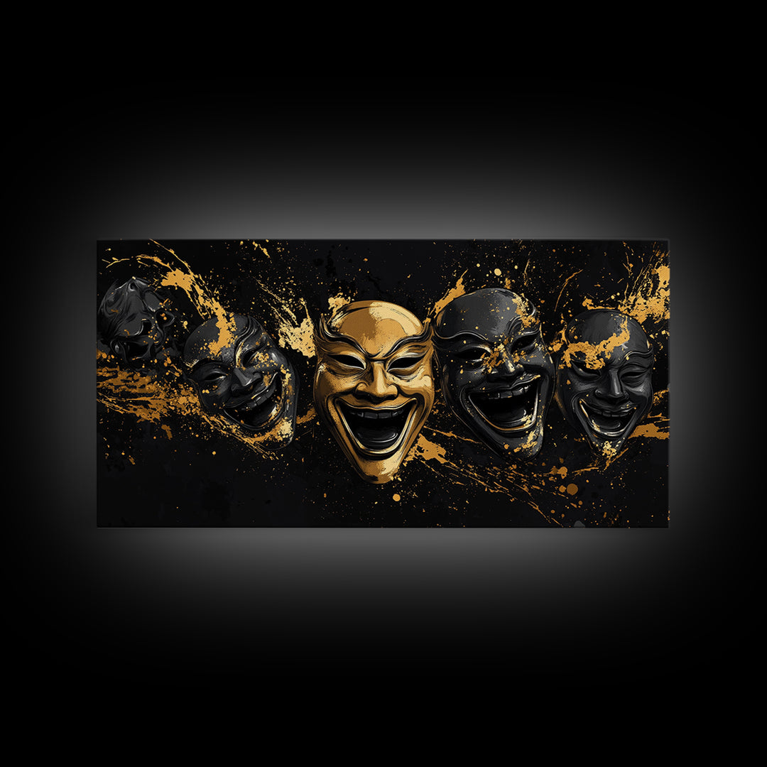 Fierce Demon Mask Gold Canvas Print, Splatter Abstract Mask Art On Canvas, Real Wood Frame Wall Décor, Bold Gothic Artwork