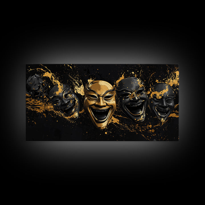 Fierce Demon Mask Gold Canvas Print, Splatter Abstract Mask Art On Canvas, Real Wood Frame Wall Décor, Bold Gothic Artwork