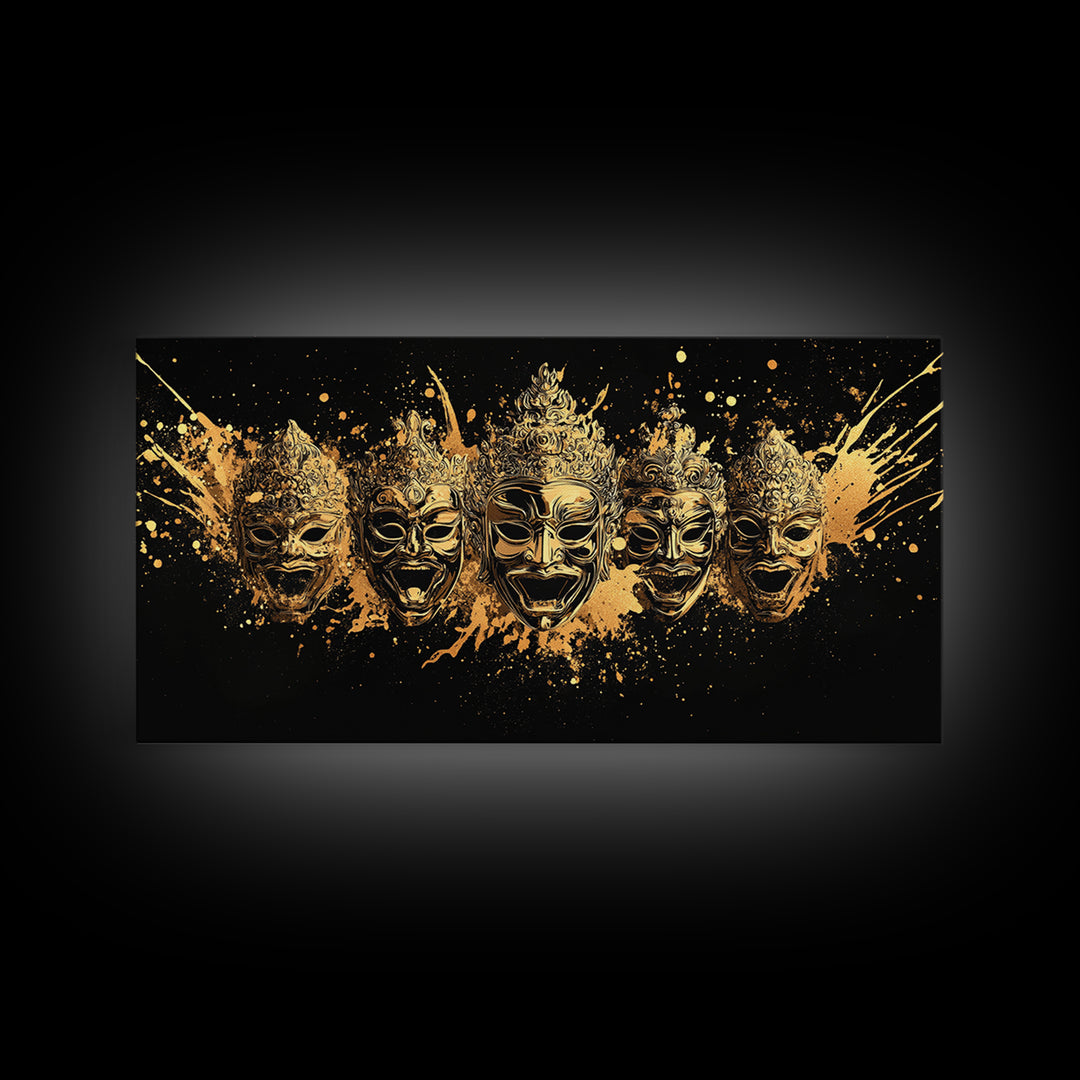 Warrior Mask Set Gold Canvas Art, Splatter Tribal Mask Canvas Print, Real Wood Frame Wall Décor, Dramatic Cultural Statement Art