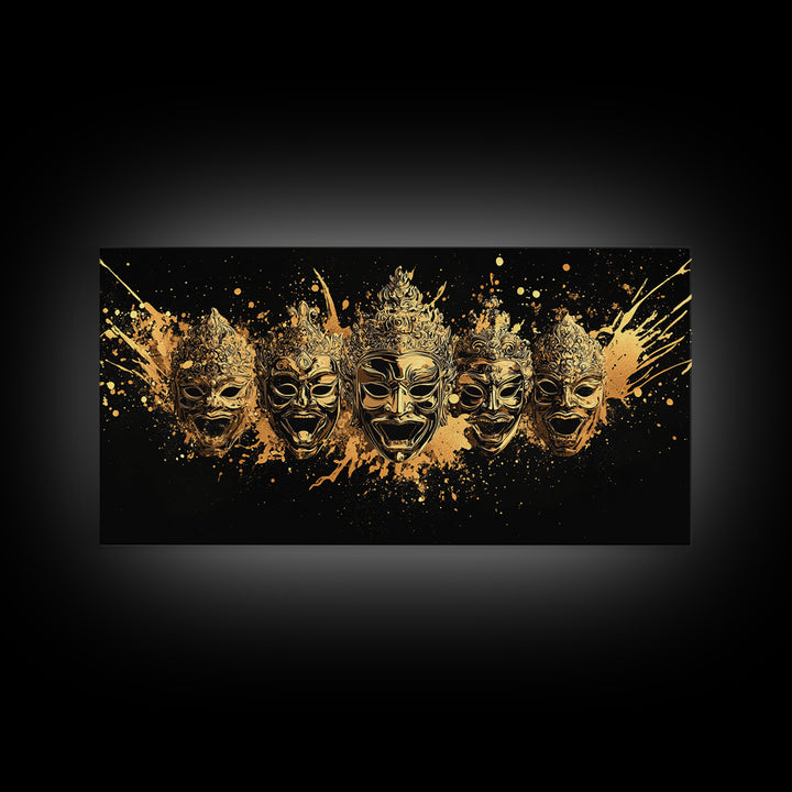 Warrior Mask Set Gold Canvas Art, Splatter Tribal Mask Canvas Print, Real Wood Frame Wall Décor, Dramatic Cultural Statement Art