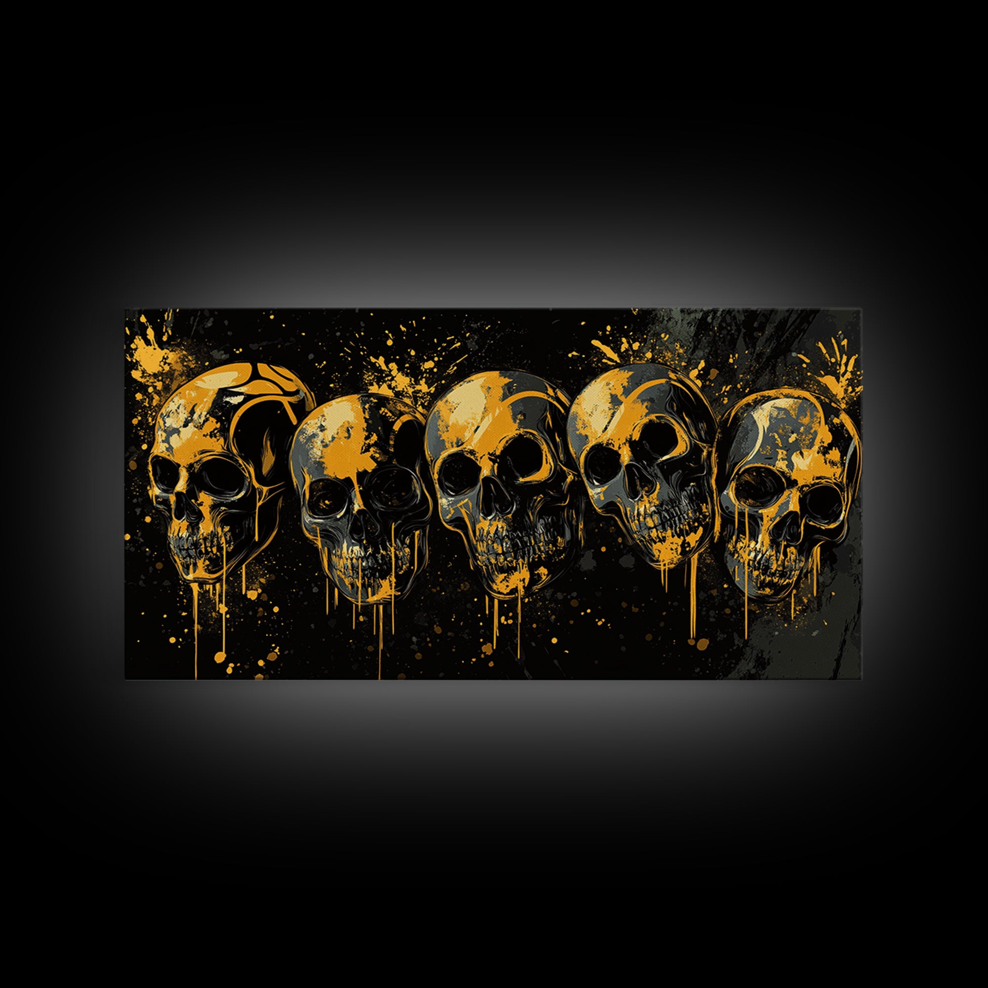 Dark Skull Mask Gold Canvas Print, Splatter Gothic Art On Canvas, Real Wood Frame Wall Décor, Macabre Dramatic Wall Artwork