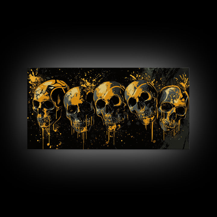Dark Skull Mask Gold Canvas Print, Splatter Gothic Art On Canvas, Real Wood Frame Wall Décor, Macabre Dramatic Wall Artwork