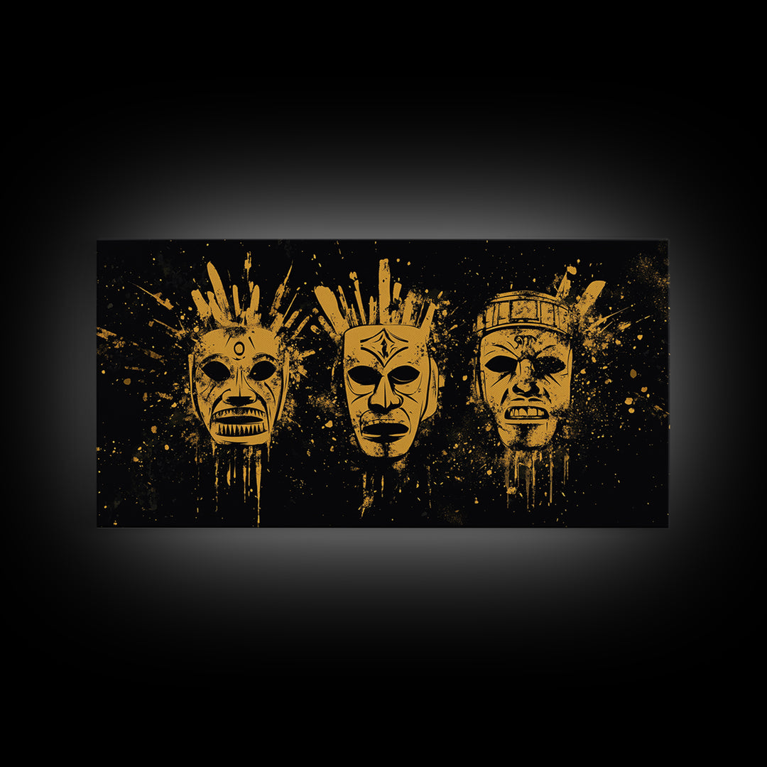 Mystical Sacred Mask Gold Canvas Art, Ornate Splatter Mask Canvas Print, Real Wood Frame Wall Décor, Spiritual Bold Statement Artwork