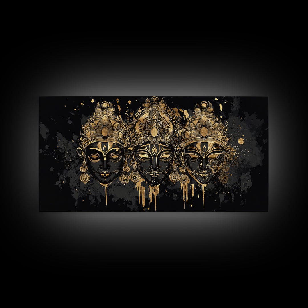 Ornate Demon Mask Gold Canvas Print, Splatter Tribal Art On Canvas, Real Wood Frame Wall Décor, Fierce Gothic Statement Artwork