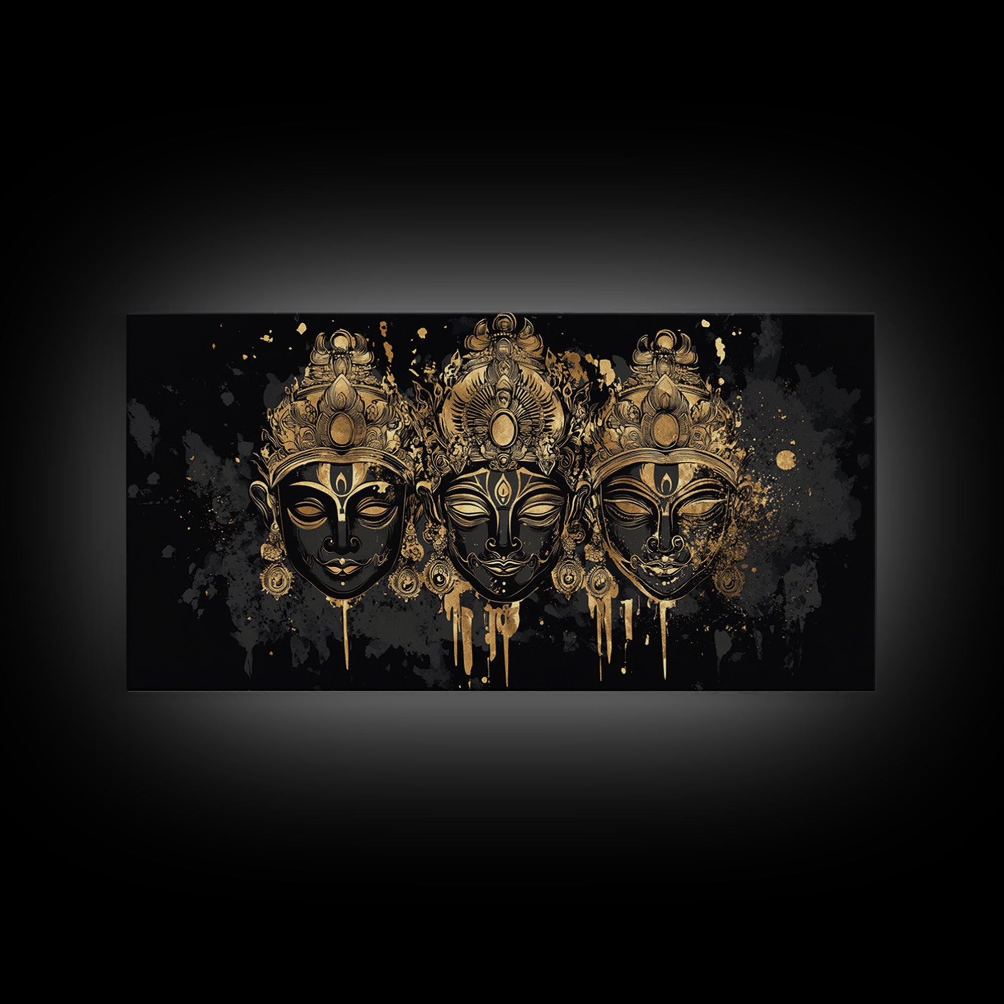 Ornate Demon Mask Gold Canvas Print, Splatter Tribal Art On Canvas, Real Wood Frame Wall Décor, Fierce Gothic Statement Artwork