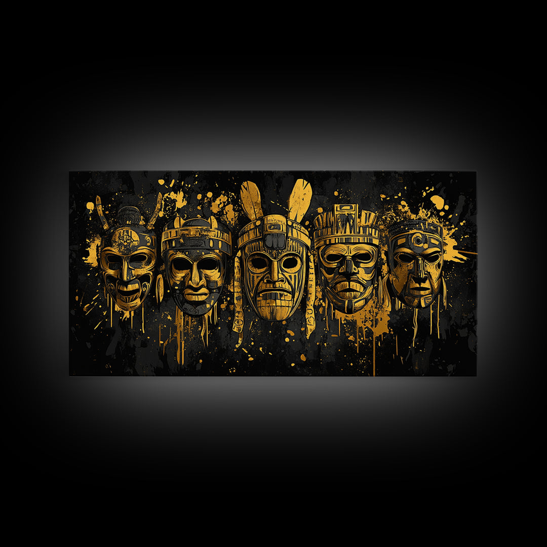Mythical Demon Mask Gold Canvas Art, Splatter Fierce Mask Canvas Print, Real Wood Frame Wall Décor, Bold Dramatic Statement Artwork