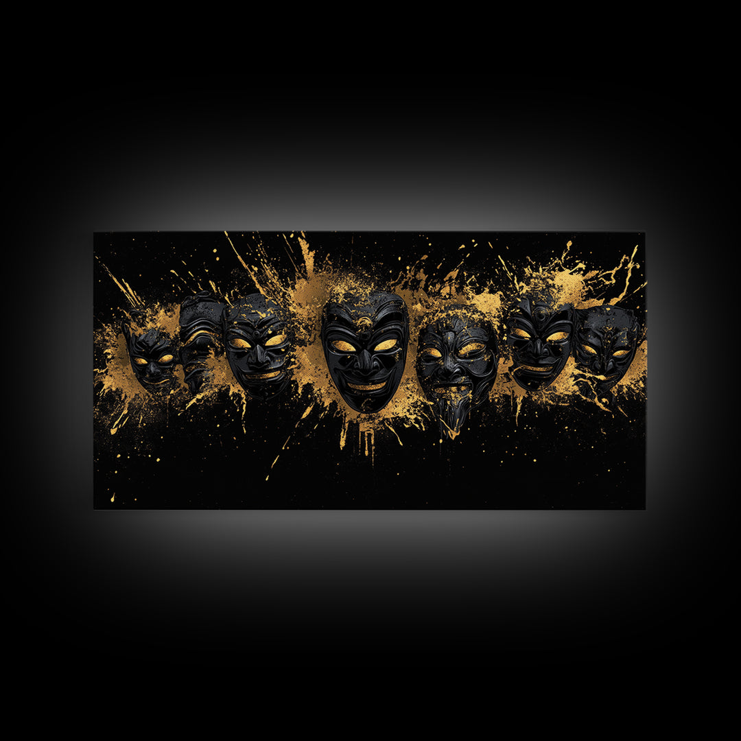 Fiery Demon Mask Gold Canvas Print, Ornate Splatter Mask Art On Canvas, Real Wood Frame Wall Décor, Bold Cultural Wall Artwork