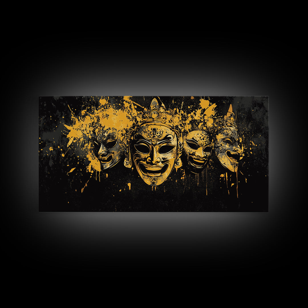 Regal Mask Set Gold Canvas Art, Splatter Tribal Demon Mask Canvas Print, Real Wood Frame Wall Décor, Bold Fierce Statement Artwork
