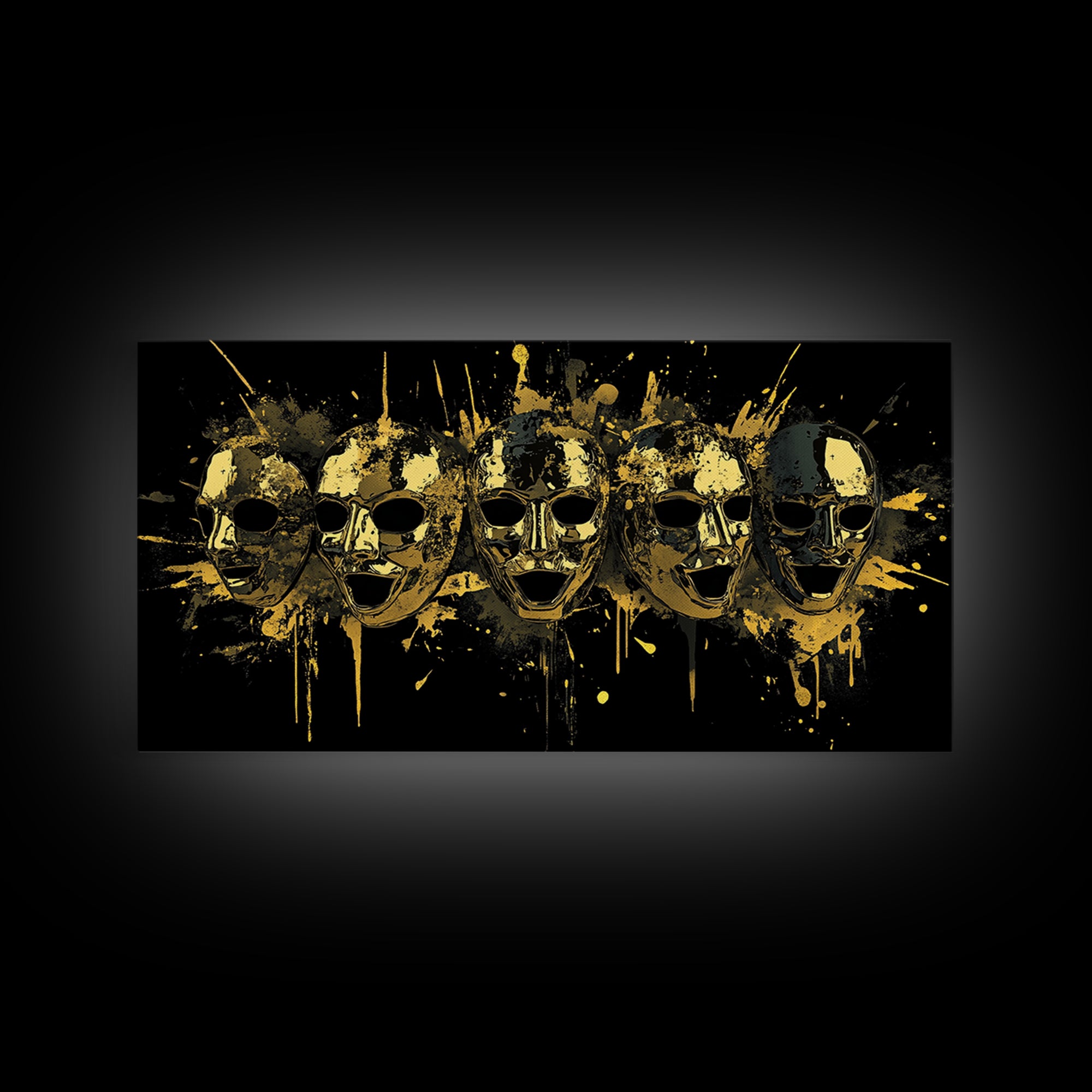 Theatrical Comedy Mask Gold Canvas Print, Splatter Dramatic Art On Canvas, Real Wood Frame Wall Décor, Gothic Statement Artwork