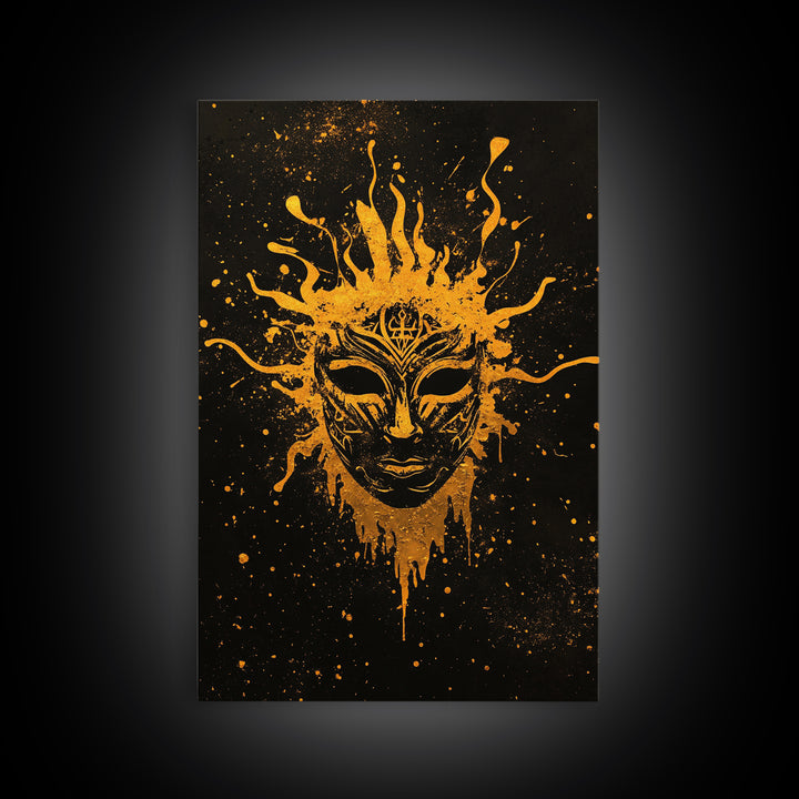 Mystical Tribal Mask Gold Canvas Print, Abstract Face Art, Splatter Style Wall Decor, Real Wood Frame
