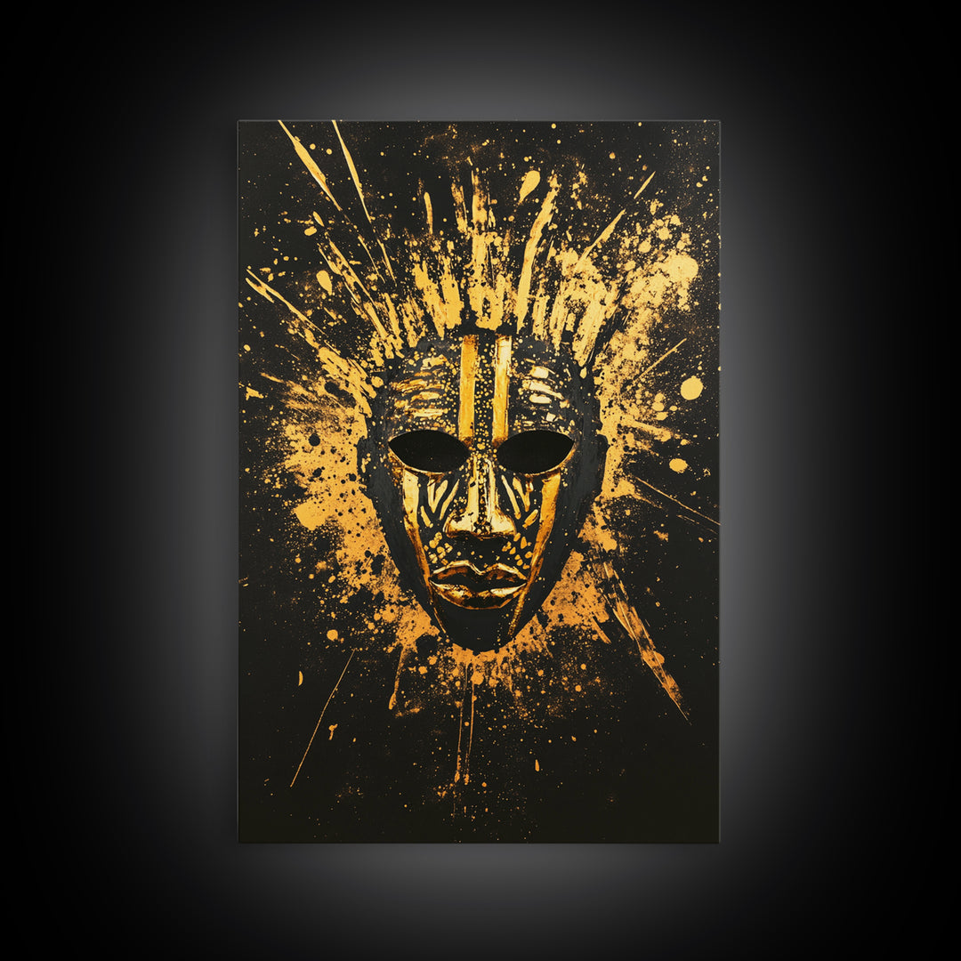 Sacred Tribal Mask Gold Canvas Print, Modern Ethnic Face Art, Spiritual Wall Decor, Real Wood Frame