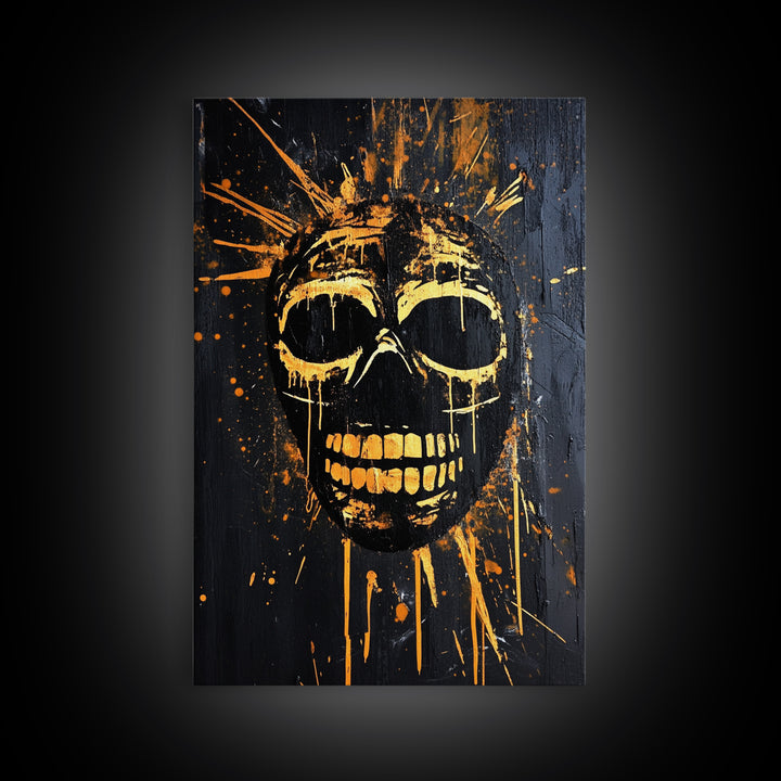 Golden Skull Mask Gold Canvas Print, Dark Gothic Face Art, Horror Splatter Wall Decor, Real Wood Frame