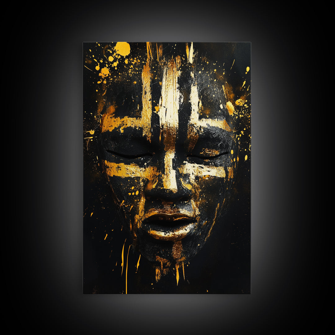 Abstract Painted Mask Gold Canvas Print, Tribal Face Art, Bold Modern Wall Decor, Real Wood Frame