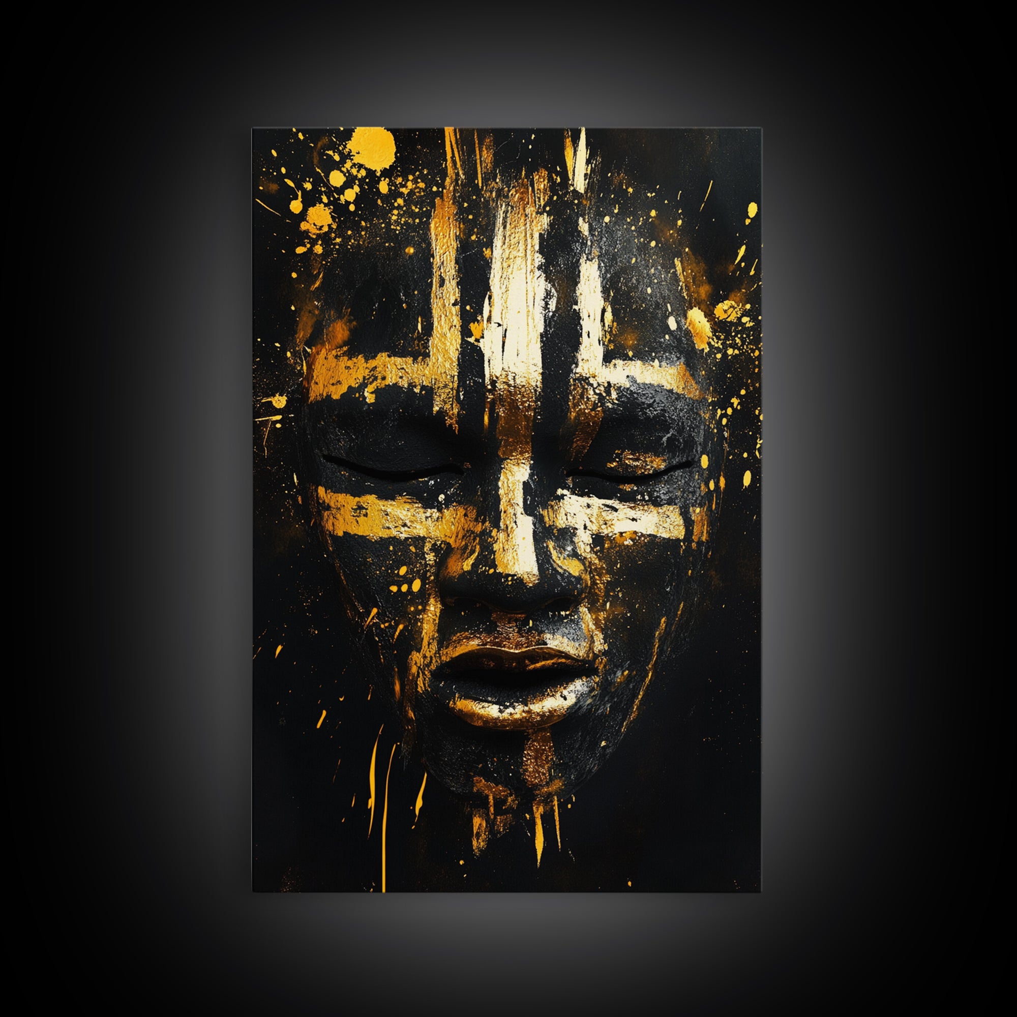 Abstract Painted Mask Gold Canvas Print, Tribal Face Art, Bold Modern Wall Decor, Real Wood Frame
