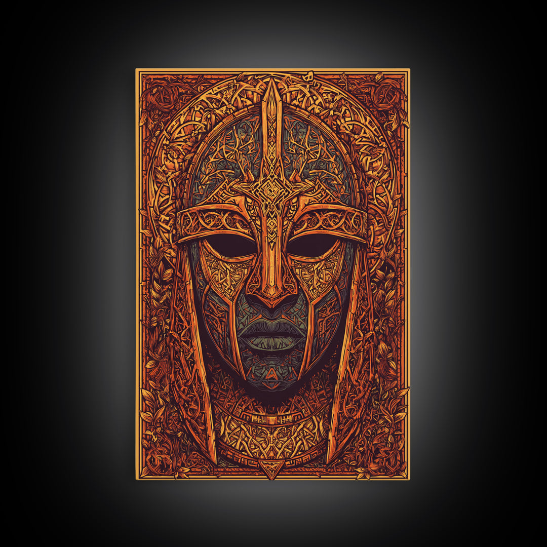 Celtic Warrior Mask Gold Canvas Print, Ornate Medieval Armor Face Art, Mythic Wall Decor, Real Wood Frame