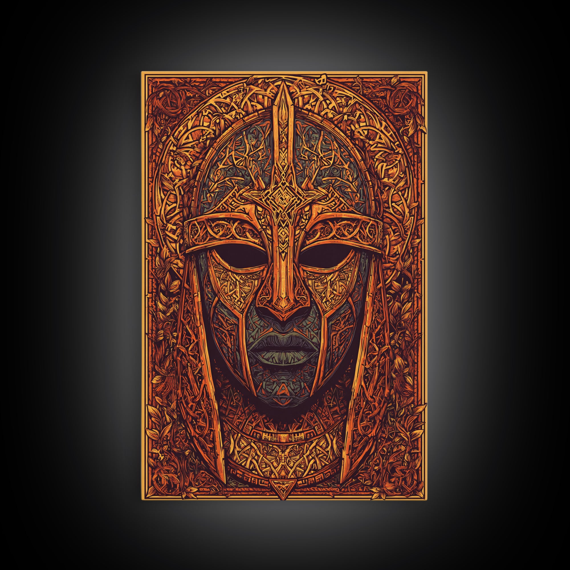 Celtic Warrior Mask Gold Canvas Print, Ornate Medieval Armor Face Art, Mythic Wall Decor, Real Wood Frame