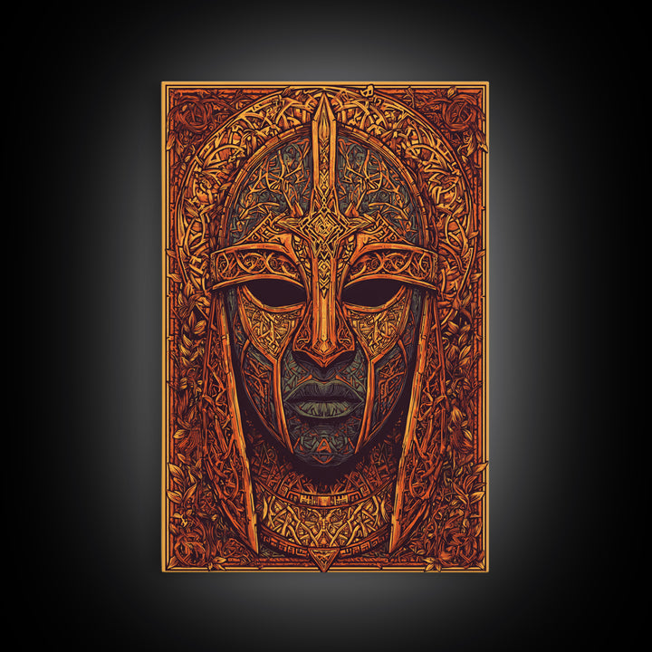 Celtic Warrior Mask Gold Canvas Print, Ornate Medieval Armor Face Art, Mythic Wall Decor, Real Wood Frame