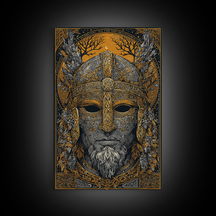 Viking Warrior Mask Gold Canvas Print, Norse Mythology Face Art, Ornate Medieval Wall Decor, Real Wood Frame