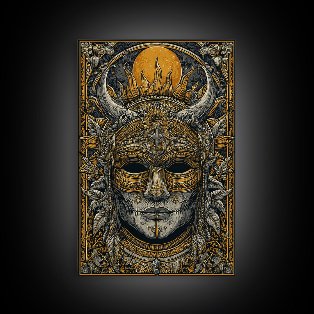 Horned Tribal Mask Gold Canvas Print, Ethnic Warrior Face Art, Ornate Mythic Wall Decor, Real Wood Frame