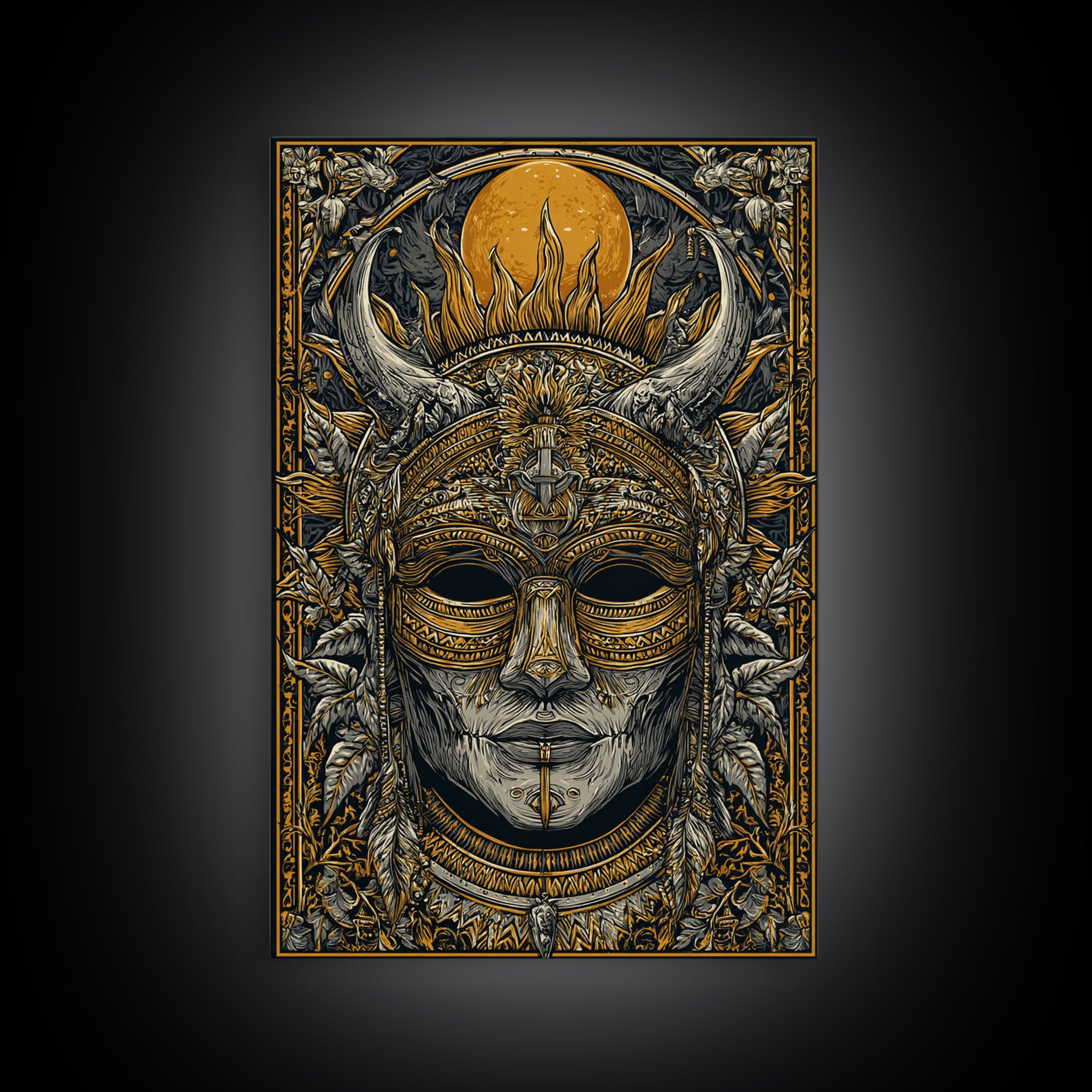 Horned Tribal Mask Gold Canvas Print, Ethnic Warrior Face Art, Ornate Mythic Wall Decor, Real Wood Frame