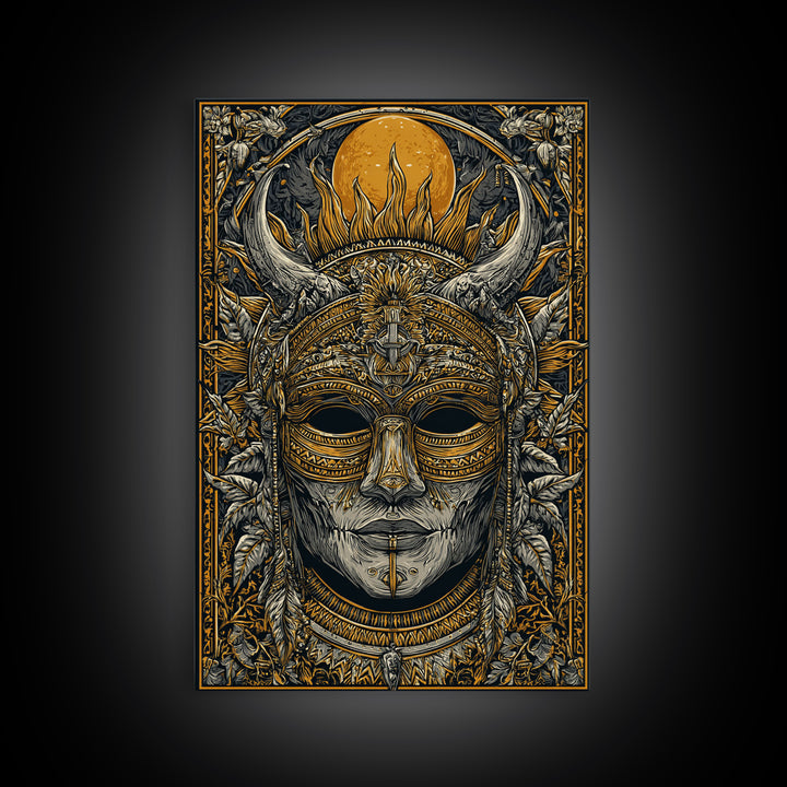 Horned Tribal Mask Gold Canvas Print, Ethnic Warrior Face Art, Ornate Mythic Wall Decor, Real Wood Frame