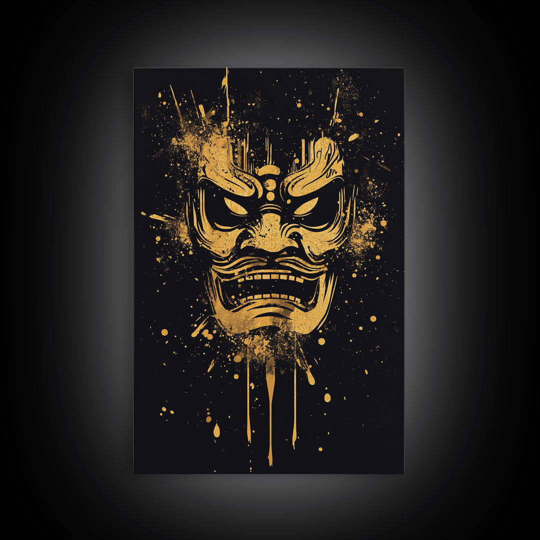 Samurai Oni Mask Gold Canvas Print, Japanese Demon Face Art, Splatter Ink Wall Decor, Real Wood Frame