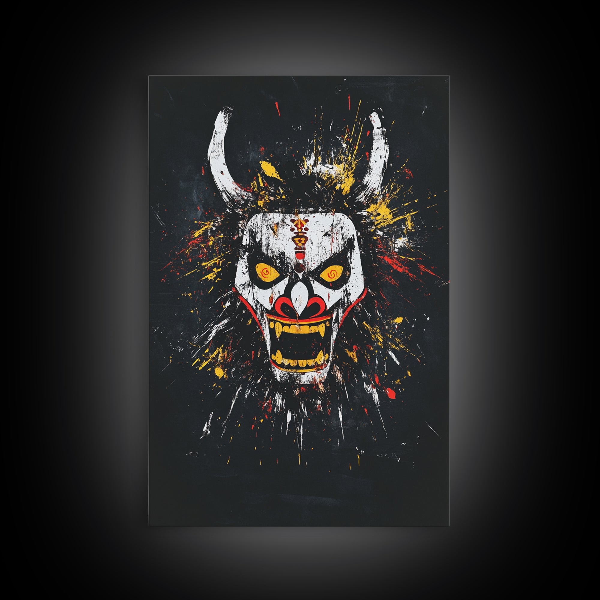 Fiery Demon Mask Gold Canvas Print, Japanese Oni Face Art, Tribal Splatter Style Wall Decor, Real Wood Frame