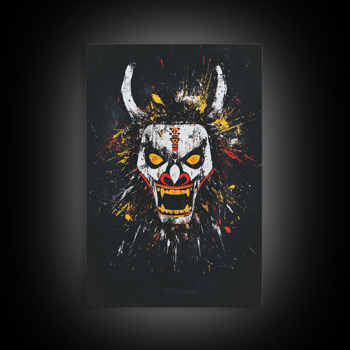 Fiery Demon Mask Gold Canvas Print, Japanese Oni Face Art, Tribal Splatter Style Wall Decor, Real Wood Frame