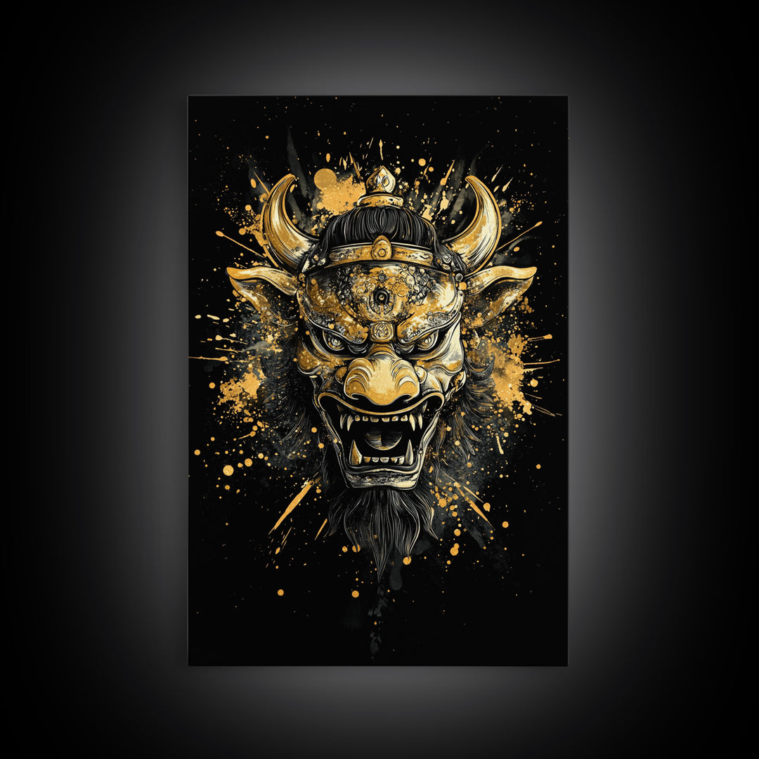 Fierce Demon Mask Gold Canvas Print, Mythical Beast Face Art, Splatter Style Wall Decor, Real Wood Frame