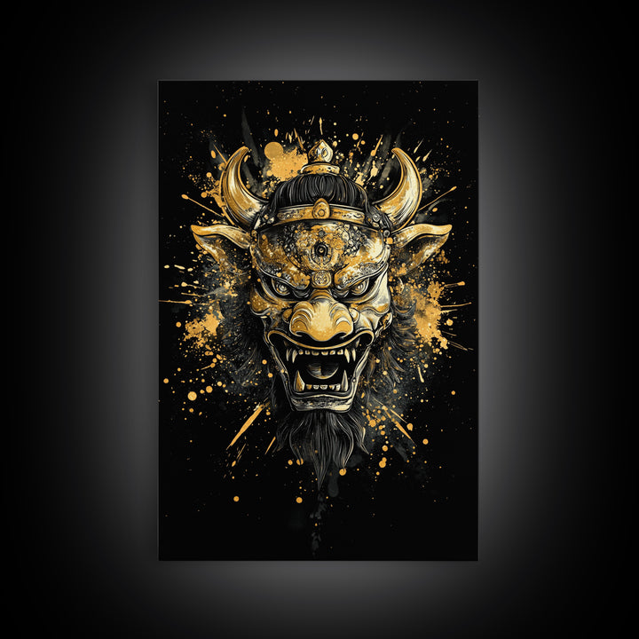 Fierce Demon Mask Gold Canvas Print, Mythical Beast Face Art, Splatter Style Wall Decor, Real Wood Frame
