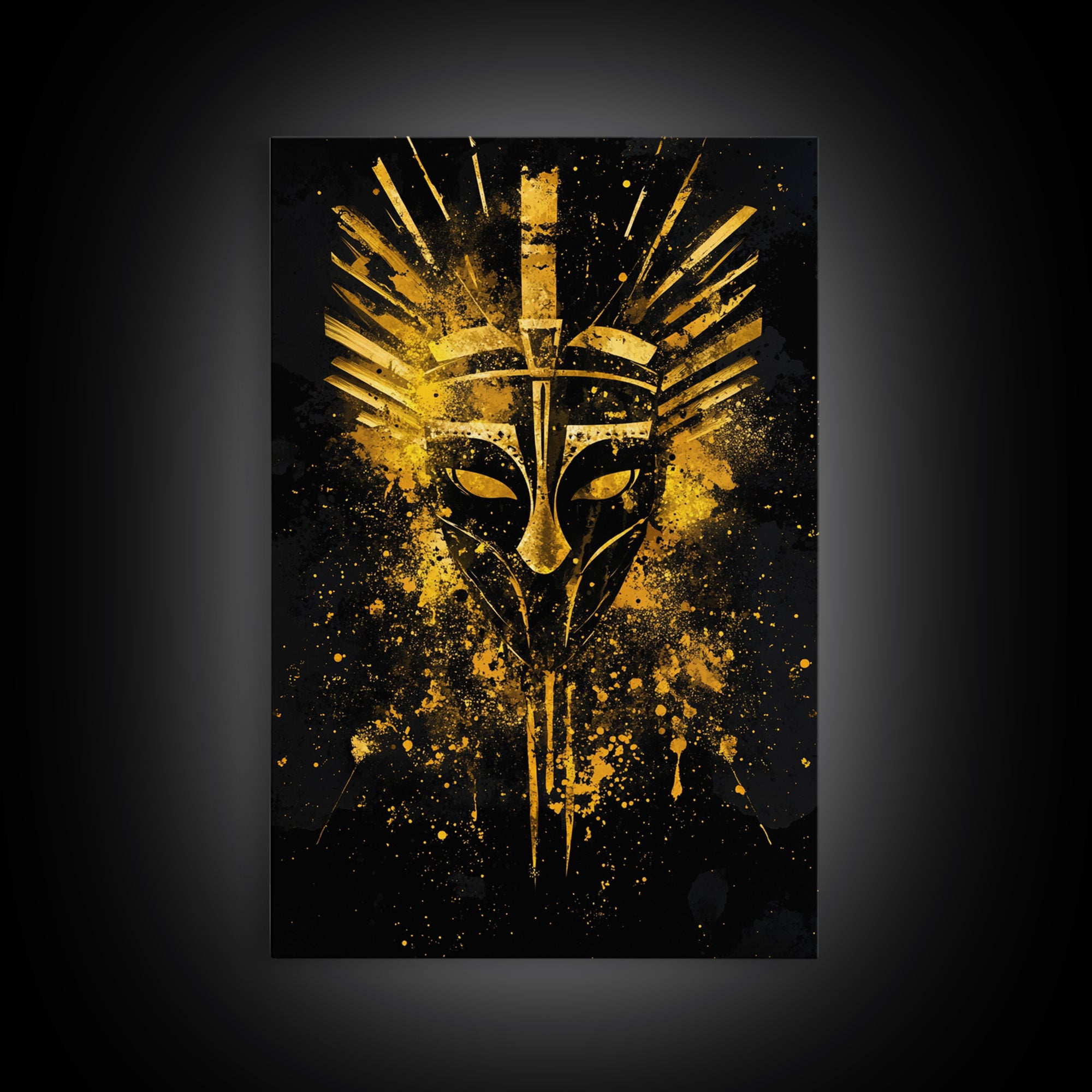 Ancient Warrior Mask Gold Canvas Print, Bold Tribal Face Art, Splatter Ink Wall Decor, Real Wood Frame