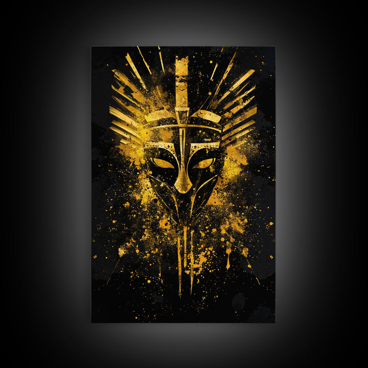 Ancient Warrior Mask Gold Canvas Print, Bold Tribal Face Art, Splatter Ink Wall Decor, Real Wood Frame