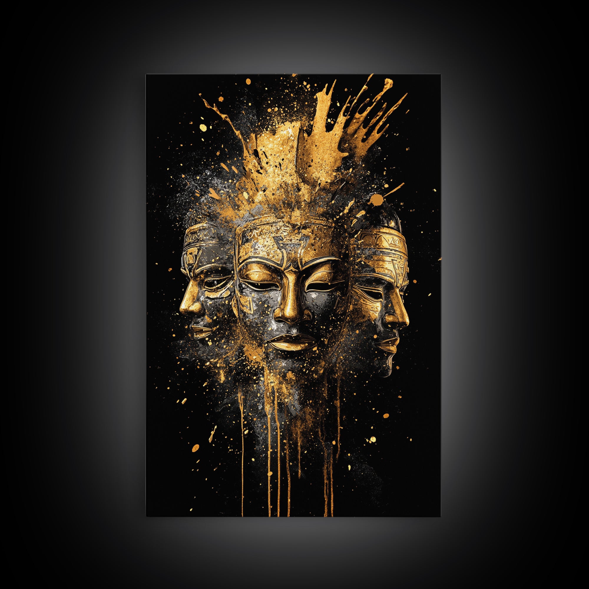 Three Faces Mask Gold Canvas Print, Abstract Spiritual Face Art, Splatter Style Wall Decor, Real Wood Frame
