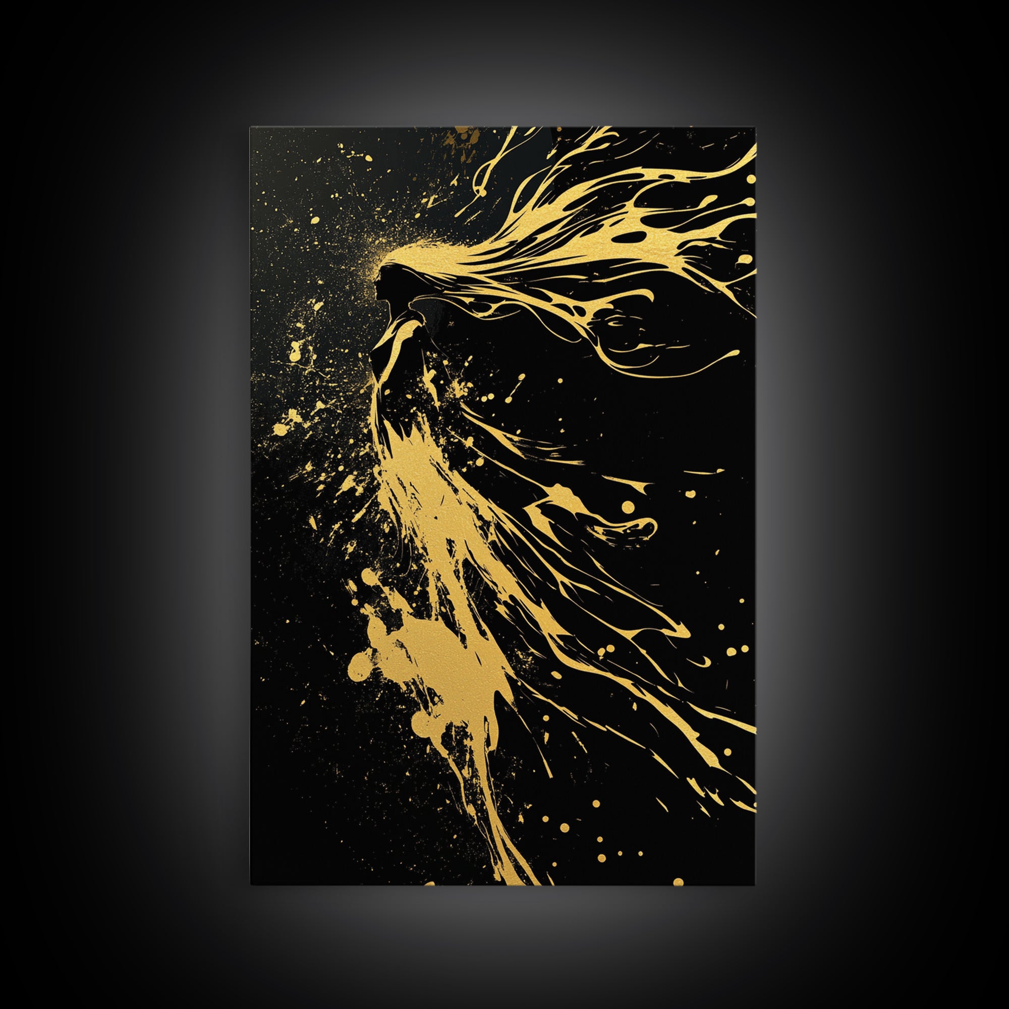 Golden Spirit Woman Gold Canvas Art, Flowing Abstract Female Silhouette, Modern Splatter Wall Decor, Real Wood Frame