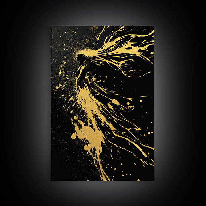 Golden Spirit Woman Gold Canvas Art, Flowing Abstract Female Silhouette, Modern Splatter Wall Decor, Real Wood Frame