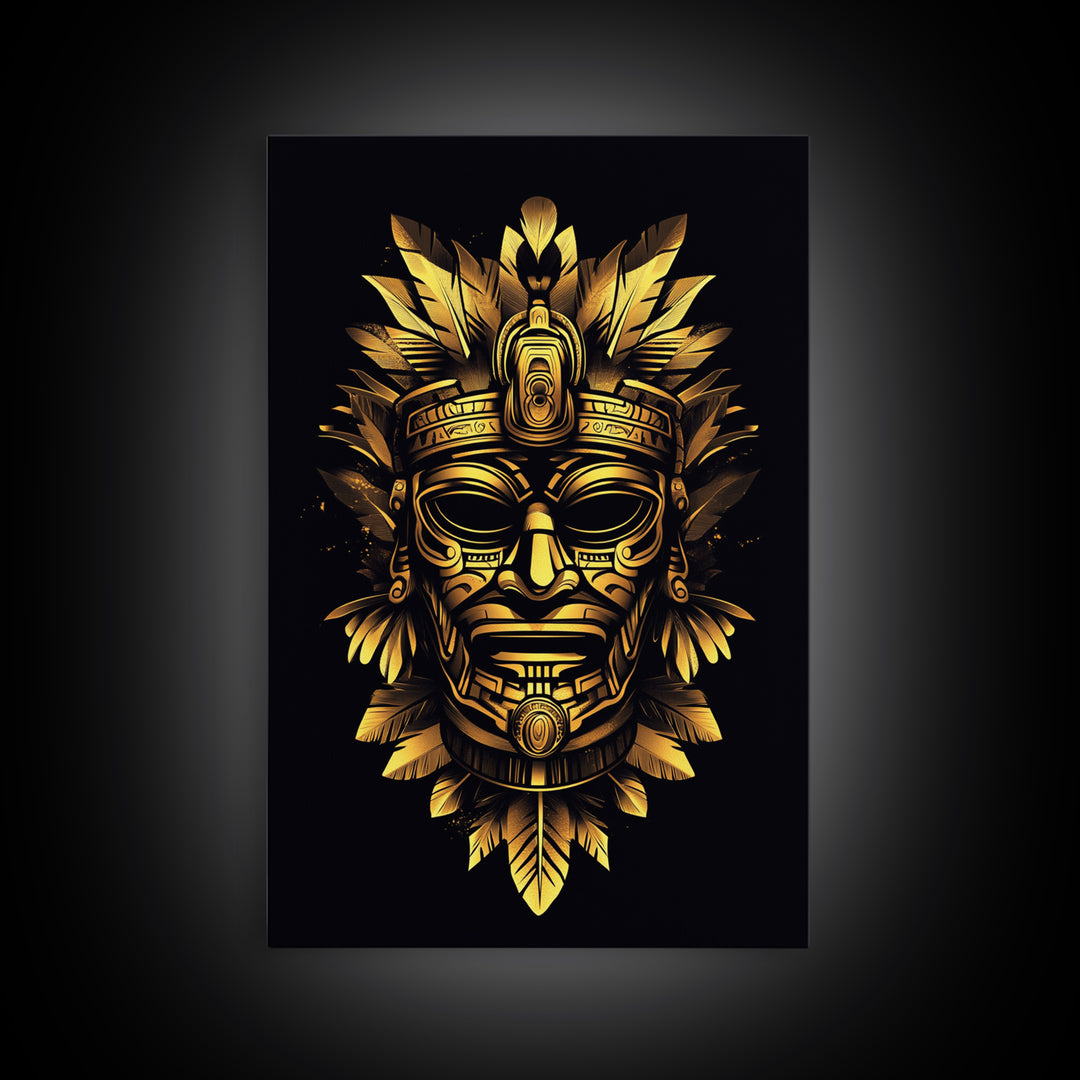 Ancient Aztec God Gold Canvas Print, Ornate Tribal Face Artwork, Ethnic Mythic Wall Decor, Real Wood Frame
