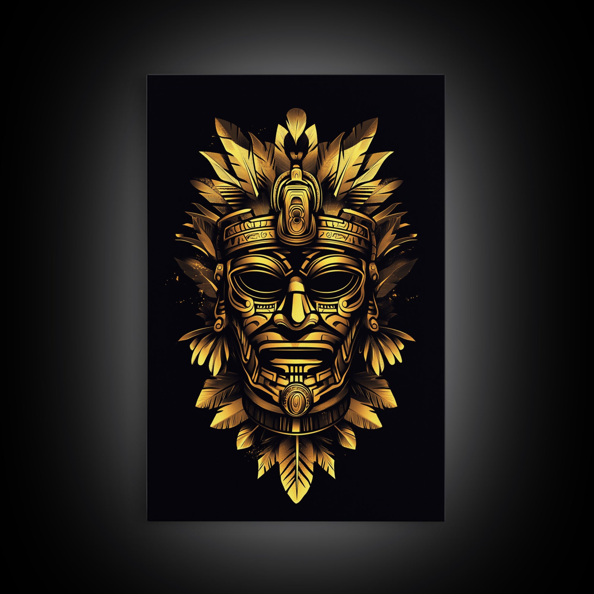 Ancient Aztec God Gold Canvas Print, Ornate Tribal Face Artwork, Ethnic Mythic Wall Decor, Real Wood Frame