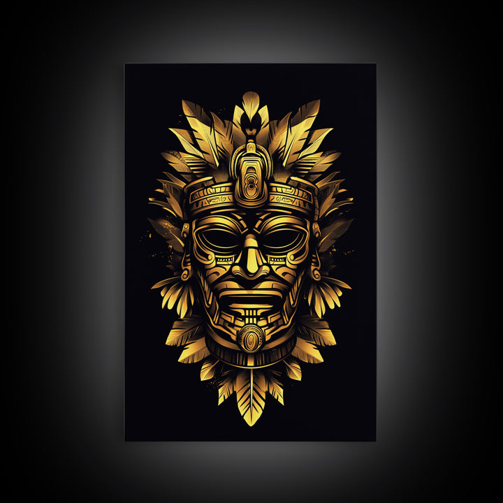 Ancient Aztec God Gold Canvas Print, Ornate Tribal Face Artwork, Ethnic Mythic Wall Decor, Real Wood Frame