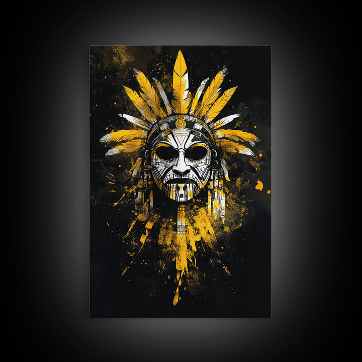 Aztec Skull Mask Gold Canvas Print, Ancient Tribal Face Art, Bold Splatter Style Wall Decor, Real Wood Frame