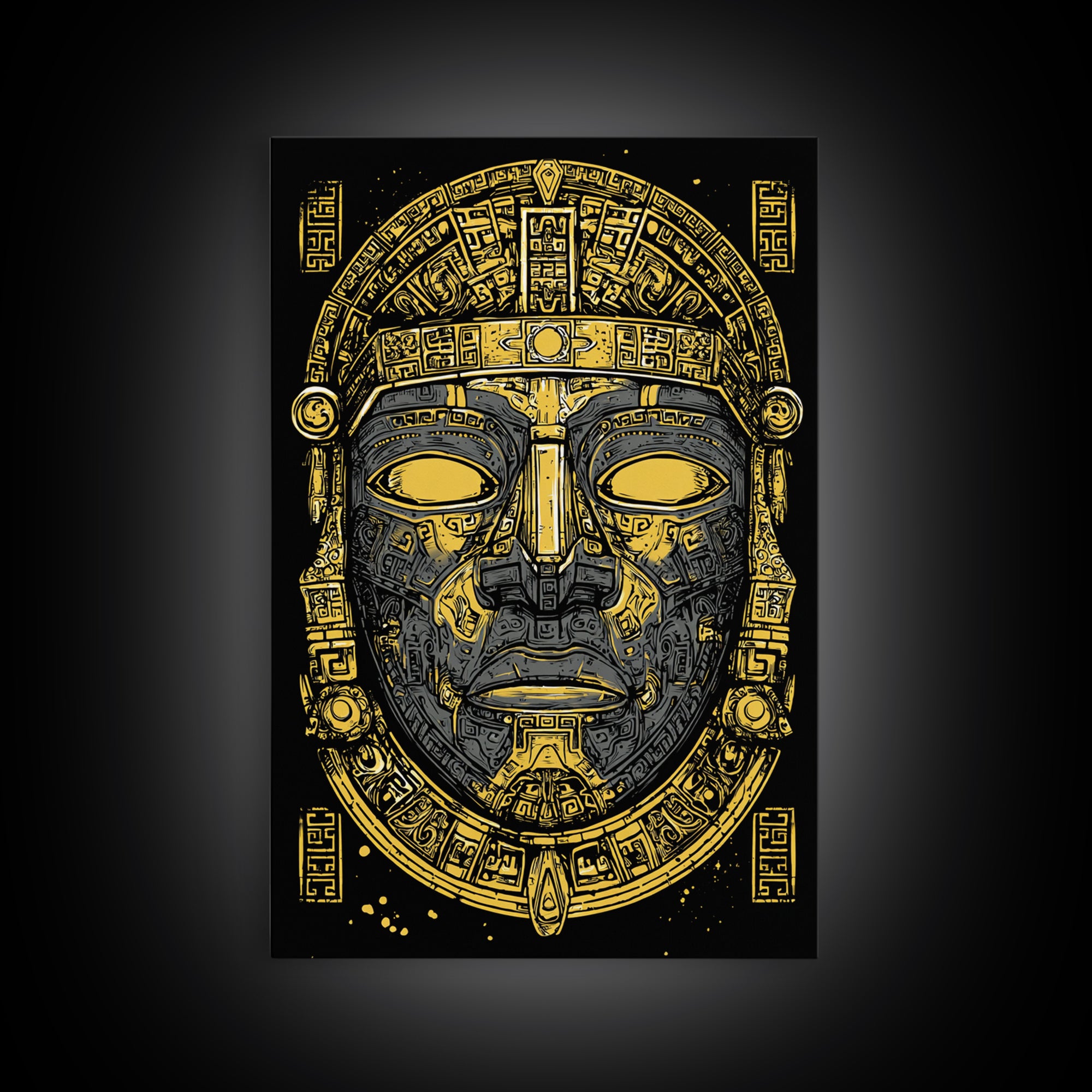 Aztec Warrior Sun Mask Gold Canvas Print, Ornate Tribal Face Artwork, Ancient Ethnic Wall Decor, Real Wood Frame