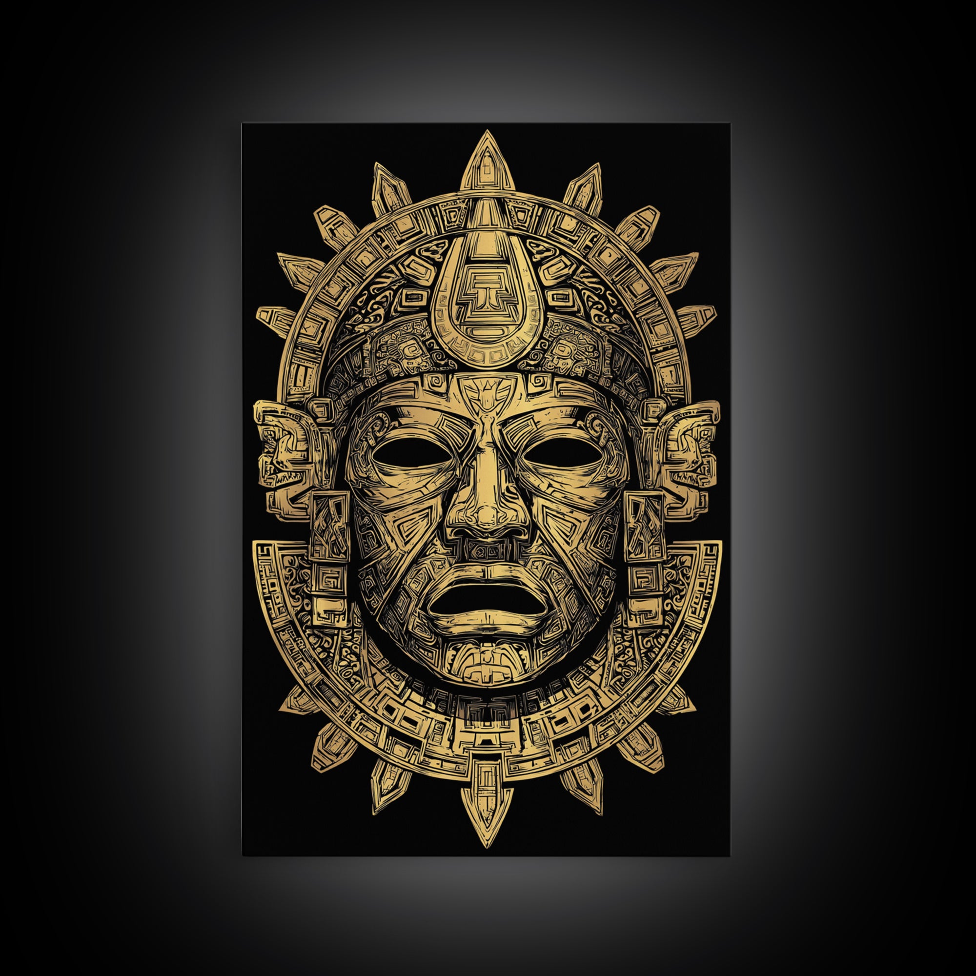 Aztec Deity Mask Gold Canvas Print, Ornate Tribal Face Artwork, Ancient Cultural Wall Hanging, Real Wood Frame