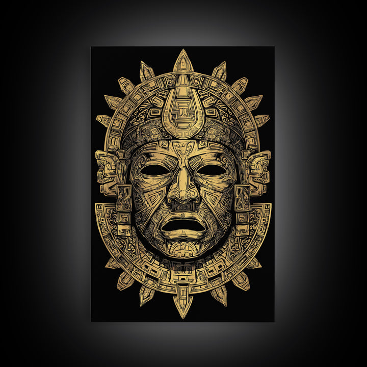 Aztec Deity Mask Gold Canvas Print, Ornate Tribal Face Artwork, Ancient Cultural Wall Hanging, Real Wood Frame