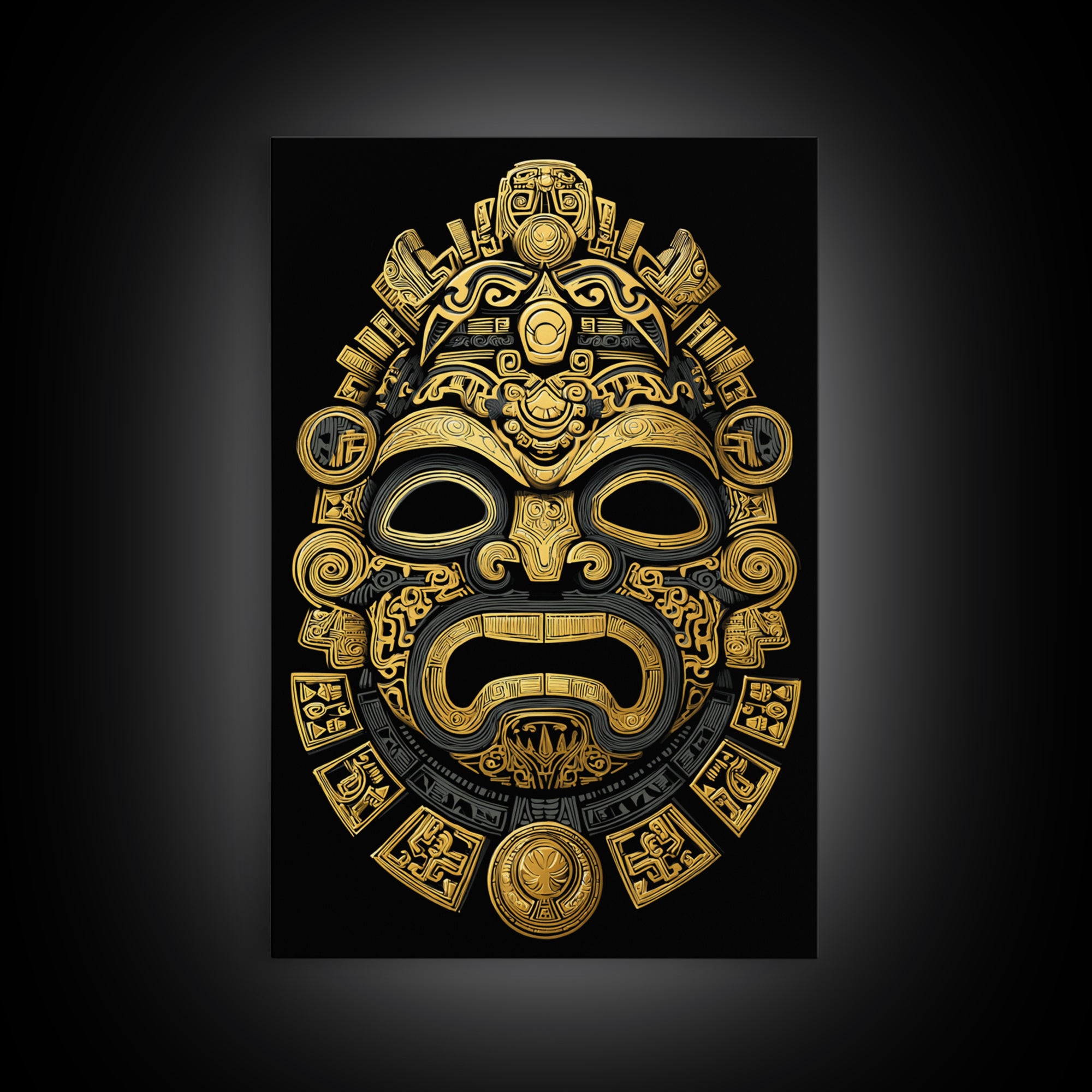 Aztec Feathered God Mask Gold Canvas Print, Ornate Tribal Face Artwork, Ancient Ethnic Wall Decor, Real Wood Frame